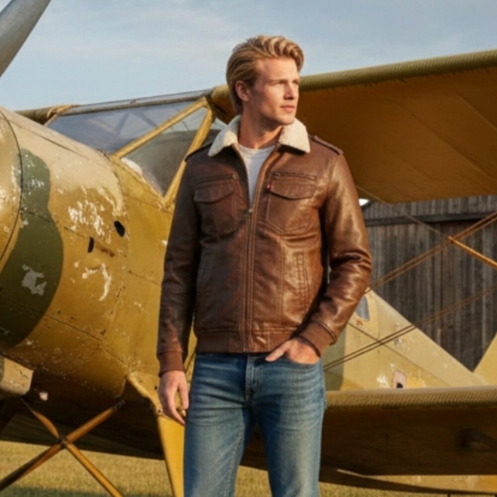 Levi Strauss & Co. Faux Leather Aviator Bomber Jacket, Size M, Brown - Excellent